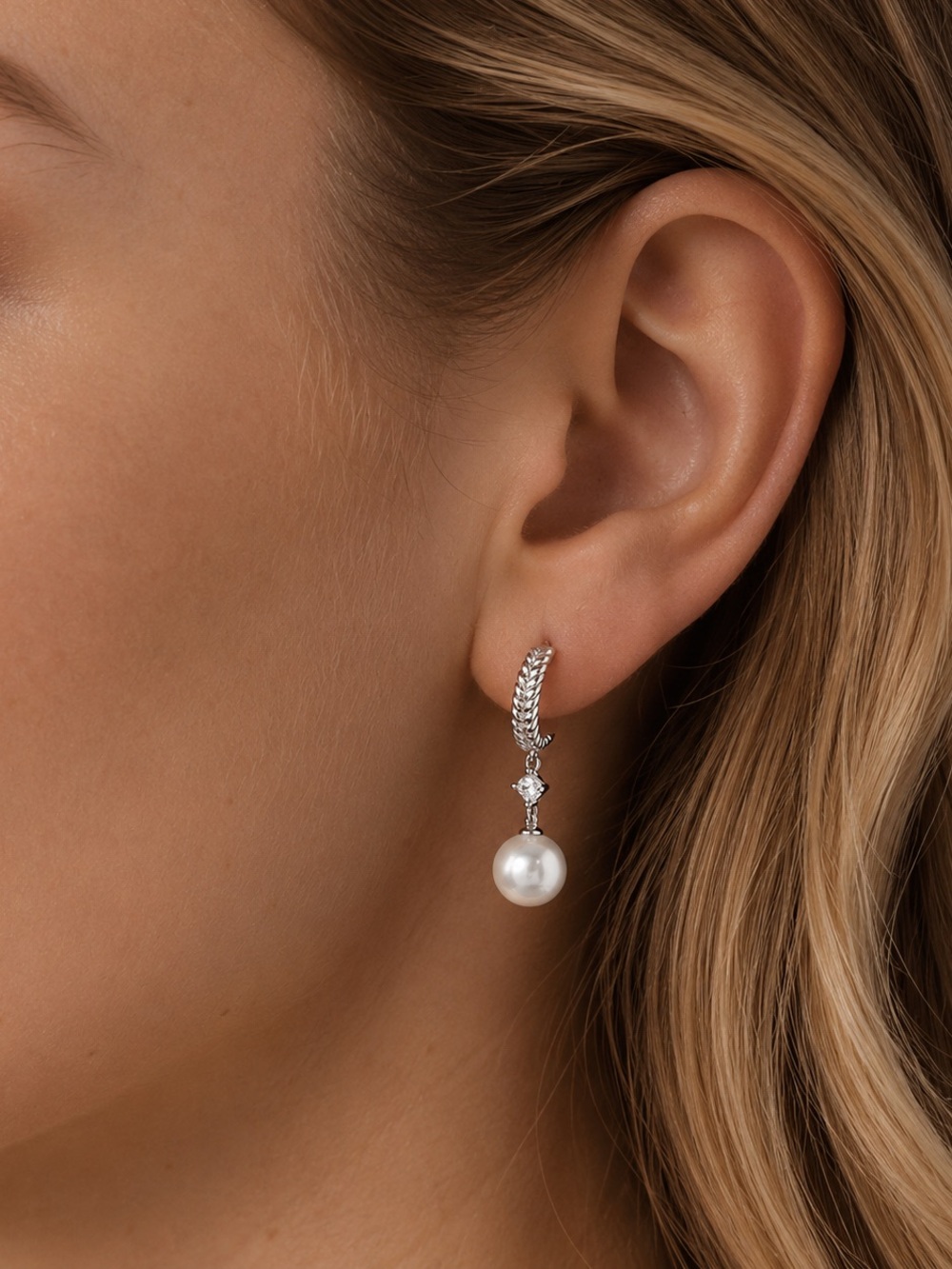 Moissanite Pearl Sterling Silver Drop Earrings Bridal Jewelry
